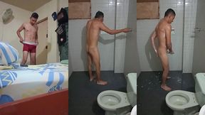 joven moreno estudiante colombiano saca su leche en el bano completo