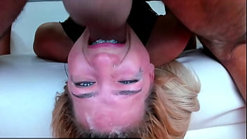 blonde gets her throat fucked on upside down leaving her face covered in saliva