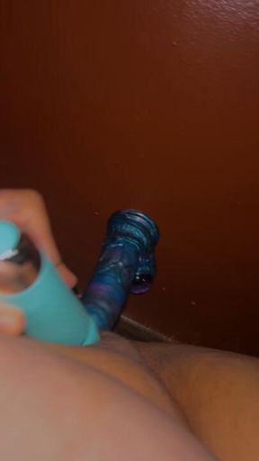 Squirting on giant dildo