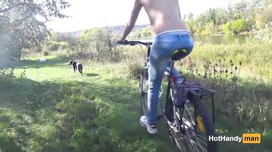 Milf flashes nipples while bike crashes river side