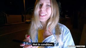 Blonde MILF gives sloppy wet blowjob on outdoor POV