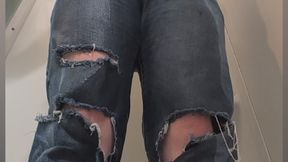 Holding my Bladder and Leaking, Having Total Soaking Wetting in Ripped Blue Jeans