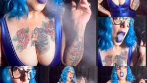 Blue temptation - Long white cigarette - Crush - Deep Inhales - Mouth exhales - Mouth Inhales - blue Lipstick - Makeup - leather - High heels