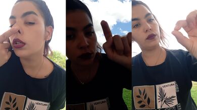 Big nose Latina milf floods face in public park