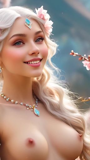 Smiling Nude Woman Holding Cherry Blossom, Wearing Opal-pearl White Diamond Jewelry - Ai Slideshow
