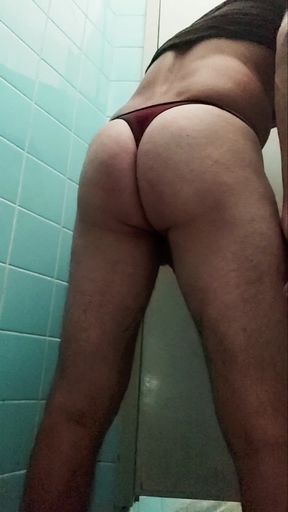 Massive cum jerkin in thong in public bathroom