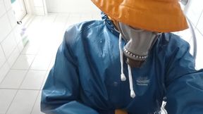 Twink (21) jerking off in wet rainwear in the shower