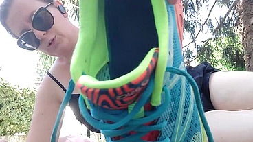 She loves the dirty socks and sweaty feet of this hot Italian MILF