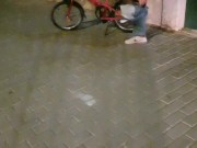 Sexy guy undresses on a public street and rides a bike naked touching his dick - risky