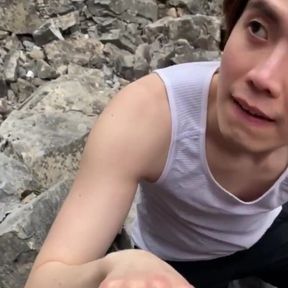 Asian Boy Takes Daddies Load Down by the River While Hiking