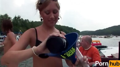 Lesbian party on a lake boat with bikini girls and exposed panties