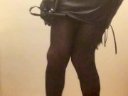 Fuchsia Doll in nylon bodysuit, leather miniskirt, show ass