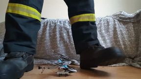 Firefighter stomping RC Helicopter