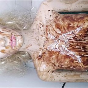 covered in chocolate, I fuck my doll in all holes before getting a big cumshot on her tits