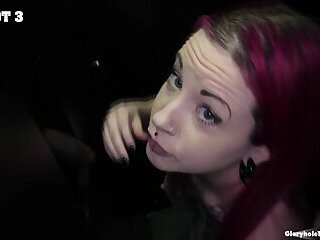 Goth girl w snake tongue swallows 8 gloryhole loads