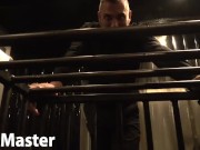 Verbal Master returns from work & changes clothes to leather while caged mutt watches POV PREVIEW
