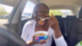 Eating hot Poutine in the Car