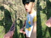 Twink and his shadow on a sunny day - Outdoor jerk off - thick cock