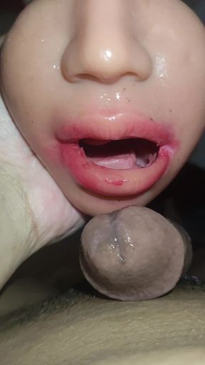 Epic blowjob and sloppy deepthroat with red lipstick until cum in mouth for 4 times