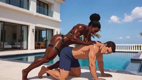 Muscular Black Female Bodybuilder Aggressively Pegs Submissive Man