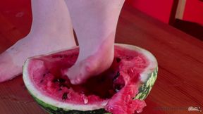 Crushing watermelon with nylon feet