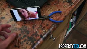Petite rental agent rides handyman's big cock