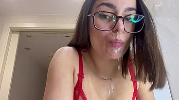 RED LINGERIE SLUT MESSY TOOTHBRUSHING SPITTING WET SLOPPY