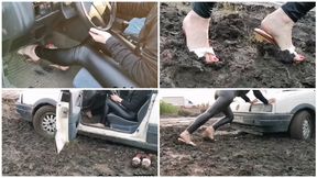 Sexy girls in leggings and barefoot mules stuck hard in deep soft mud