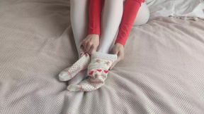 christmas sockjob in cute white socks and white pantyhose