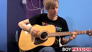 Teenage man plays guitar before cock masturbating and bursting up