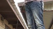 Ultra sexy ladder climb to top of fence pole public full bladder desperate piss