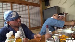 Three Japanese teens get pussies drilled by older men after showing them how to work