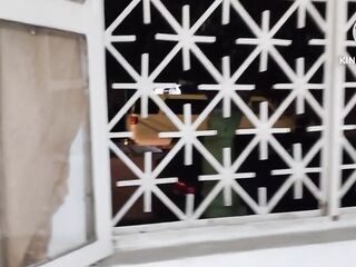 Sissy in Chastity Filled with 2 Beer Enemas, One at the Door