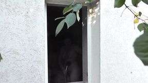 Outside - young neighbor watches Milf taking Shower