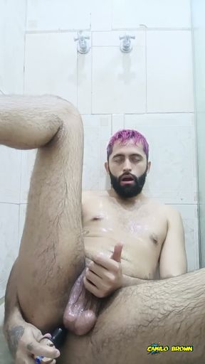 Big Dick Latino Camilo Brown Using Oil And a Vibrator In The Shower To Give Himself An Intense Prostate Orgasm   Clip 1