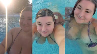 My chubby exhibitionist stepmom flashes her big tits in the pool