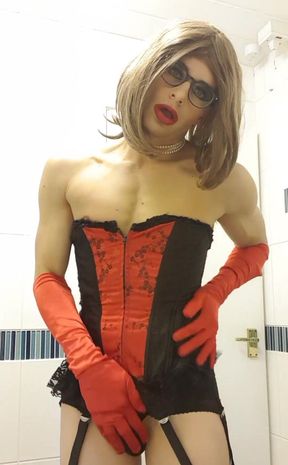 Kinky Brunette showing off her pussy  xxx Black Red Corset, stockings, 6 strap suspenders, lace underwear, red opera satin glove