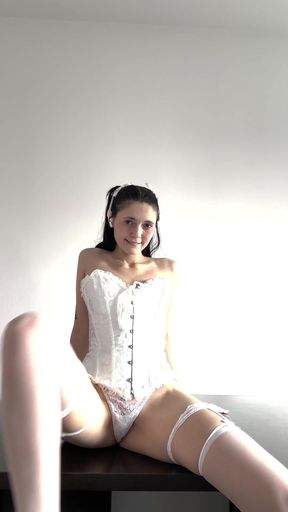 Hot Girl in White Lingerie Corset &amp; Stockings Seductive Strip on Desk