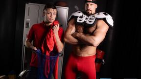 ”Towel boy Ryan Bailey checks out Travis Connor's pack in the locker room”