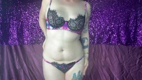 Curvy lingerie tease in purple set and sheer robe