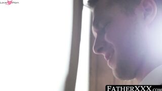 Father XXX Confessional BareBack Twink Threesome" or "Twinkle-Eyes Raw Anal Sex with Priest Boy & Dad in Church