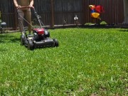 Readhead mowing lawn nude