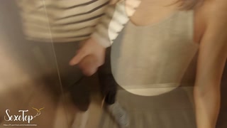 Hot but risky fuck in an elevator with 2 cumshots
