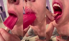 FTM deep throats juicy popsicle till cum drips down throat