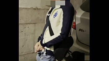 Amateur boy taking his uncut fat cock out of his jeans and pissing in the street