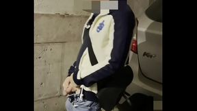 Amateur boy taking his fat cut cock out of his jeans and pissing in the street