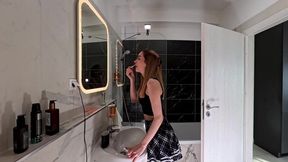 Sexy long legs hot and horny college girl shows her white cotton panties in the bathroom to multiple cams