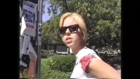 Young blonde with small tits plays with toys, then takes two big cocks