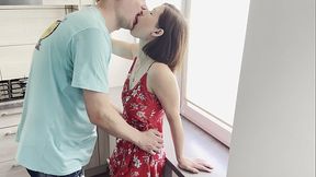 Hot brunette deep fucked in the kitchen &mdash;  deep throat cuming