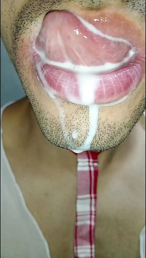 Cum in my mouth, play with your cum, and swallow it, close-up, naughty gay, tongue, sloopy